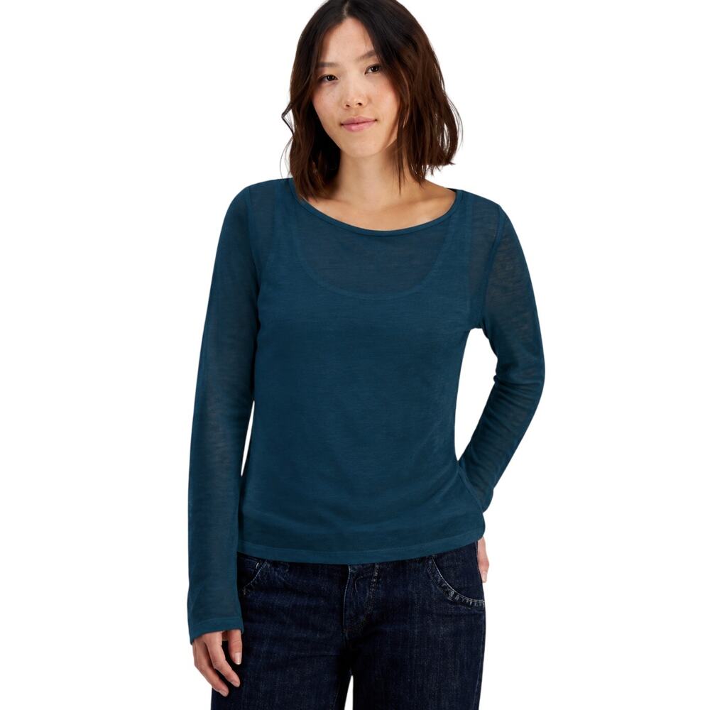 And Now This Women's Petites Long-Sleeve Double-Layer Top in Navy Blue